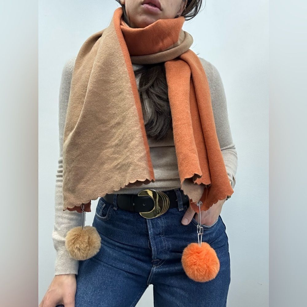 Studio Hop London Orange & Peach Color Block Angora Blend Scarf Pom Poms